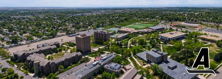 Aerial view of buildings in Greeley, CO