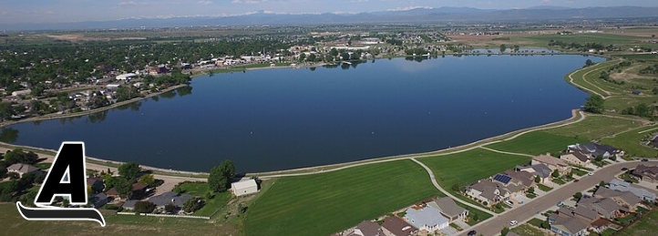 Aerial view of a large body of water in Windsor, CO