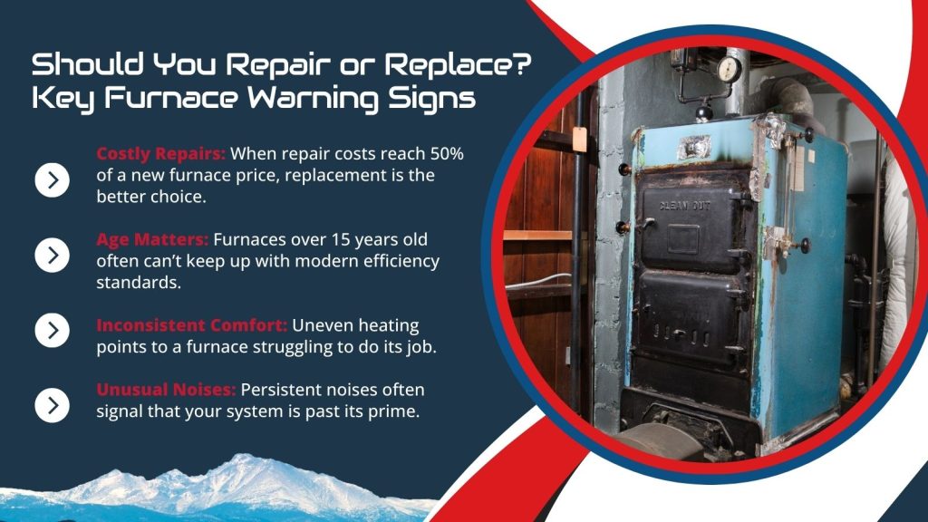 This is an image of a really old furnace. The headline reads; Should you repair or replace? Key furnace waring signs.