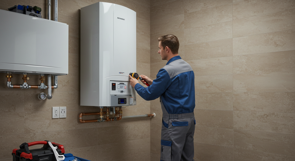 Technician in blue and gray uniform installing a tankless water heater in a home's utility room.