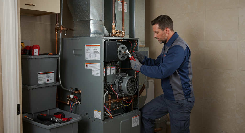 Technician in blue and gray uniform repairing a furnace blower motor in a home's utility room.