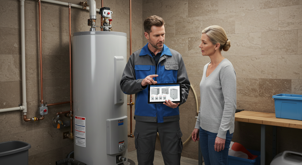 Technician in blue and gray uniform consulting with a homeowner about water heater replacement options in a utility room.