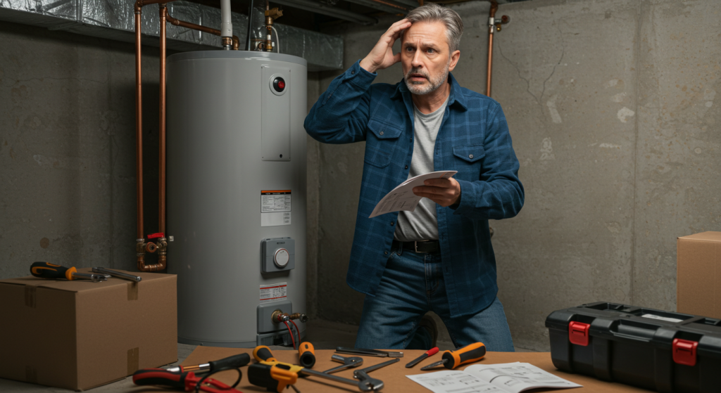 Homeowner in basement struggling with DIY water heater replacement, surrounded by tools and manuals.