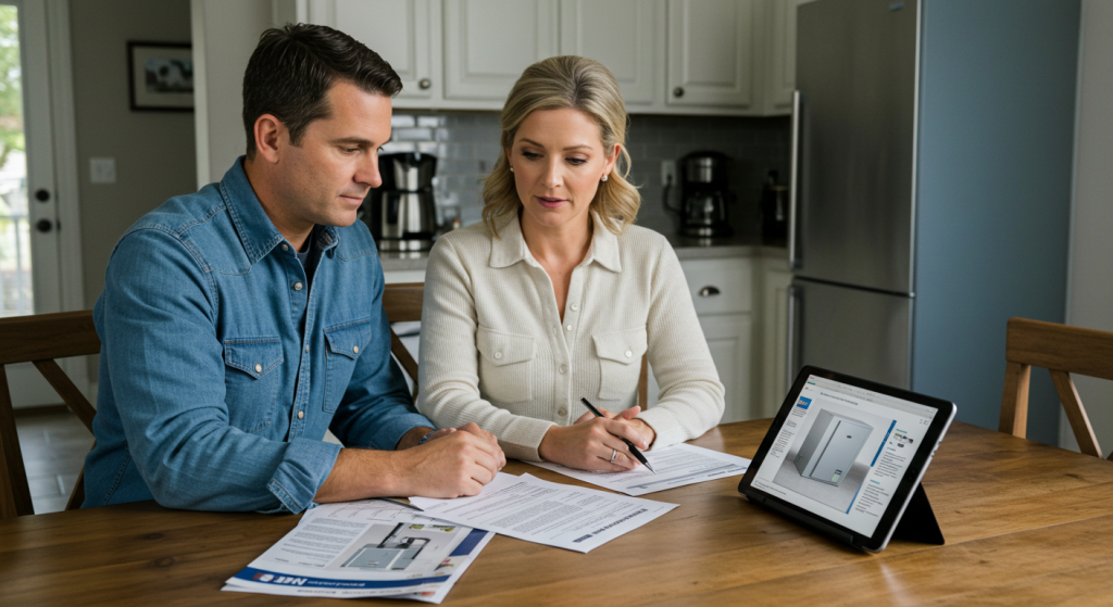 Homeowners reviewing furnace installation estimate at kitchen table with documents and tablet.