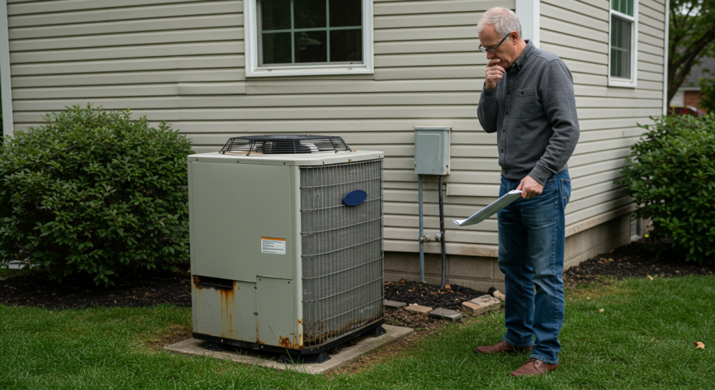 Homeowner inspecting an aging heat pump unit outside their suburban home.