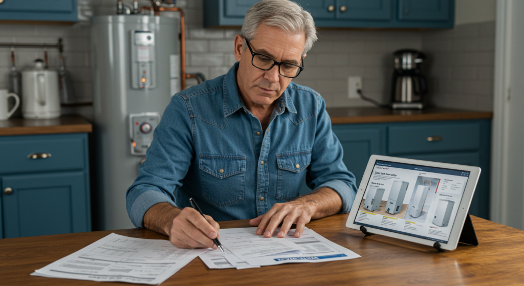 Homeowner Homeowner reviewing water heater replacement estimate at kitchen table with documents and tablet.