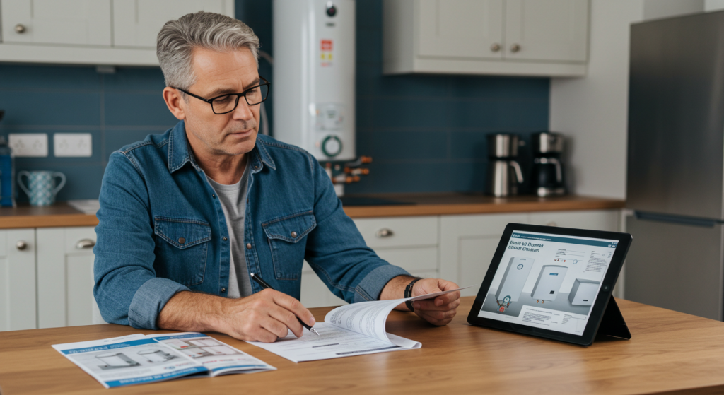 Homeowner reviewing water heater installation estimate at kitchen table with documents and tablet.